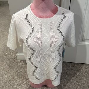 CeCe White Knit Blouse with Silver Accents